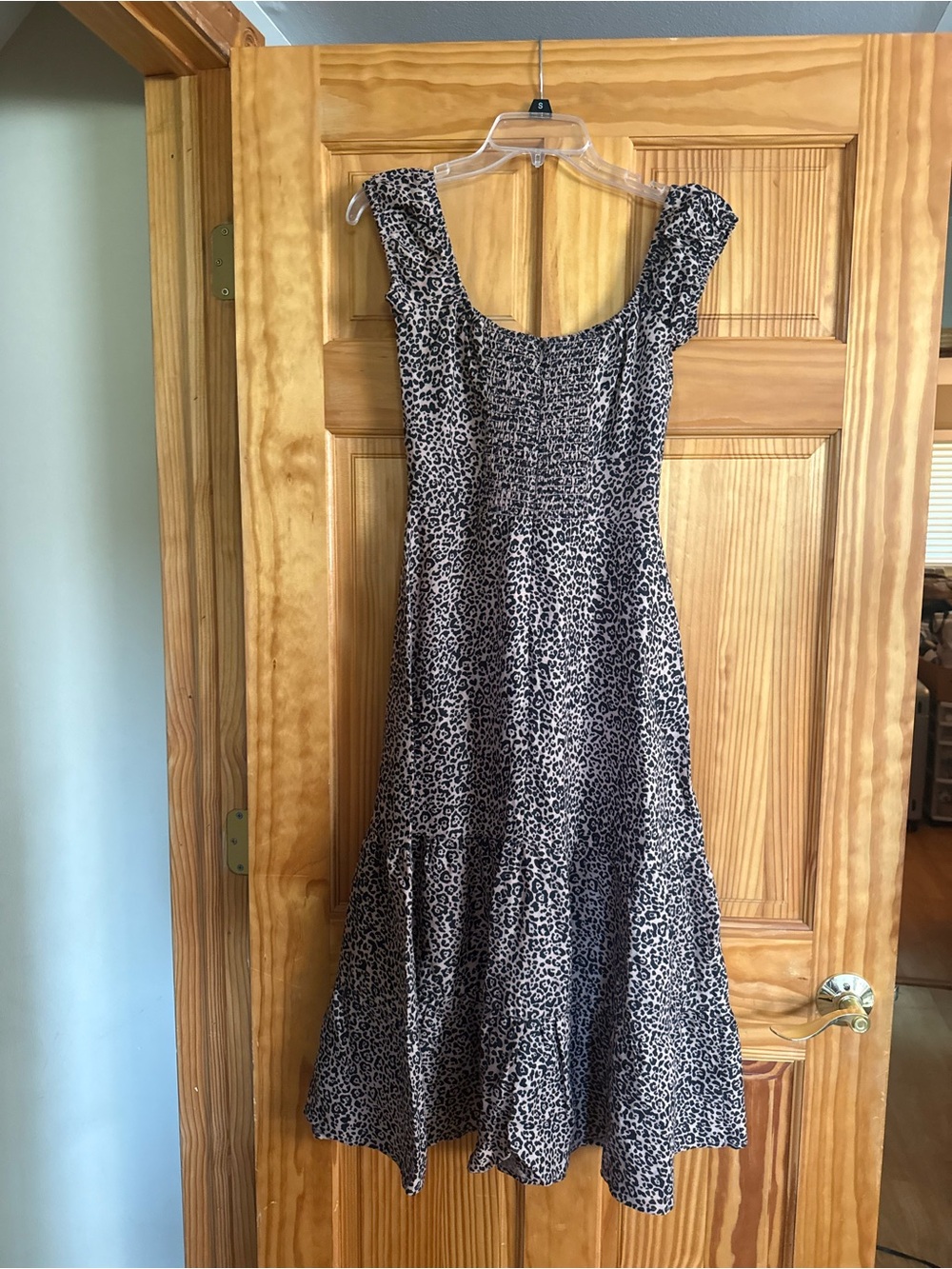 Reformation Black & Cream Smocked Leopard Midi Dress